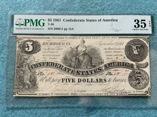 1861 Confederate States Of America Five Dollar Bill Pmg Certified