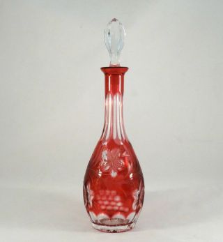 Nachtmann Cranberry Cut To Clear Crystal Decanter Grapes & Leaves