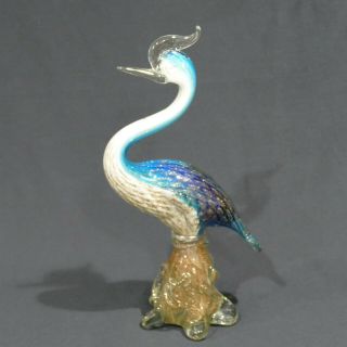 Vintage Murano Art Glass Blue White Gold Colored Heron Crane Egret Bird 12½ "