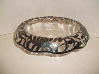 Vintage Art Deco Silver Overlay Depression Glass Rolled Edge Consule Flower Bowl