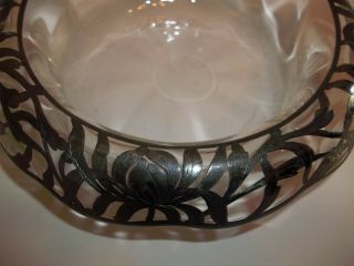 VINTAGE ART DECO SILVER OVERLAY DEPRESSION GLASS ROLLED EDGE CONSULE FLOWER BOWL 2