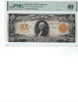 1922 $20 Gold Certificate Fr1187 Pmg 40 Xf Spellman/white