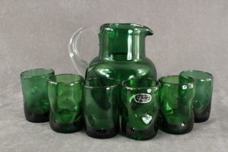 Vintage Studio Art Hand Crafted Bischoff Green Pinch Pitcher & 6 Juice Glasses