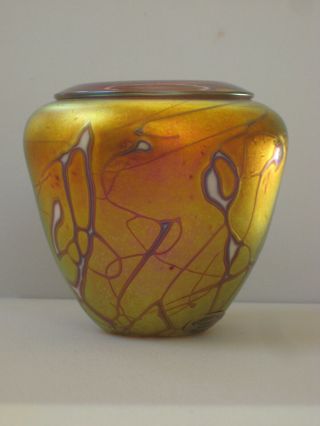 Vintage Robert Held Art Glass Vase - Abstract Decorations On Gold Aurene 3.  5 " T.