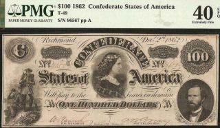 1862 $100 Dollar Confederate States Currency Civil War Note Better T49 Pmg 40epq