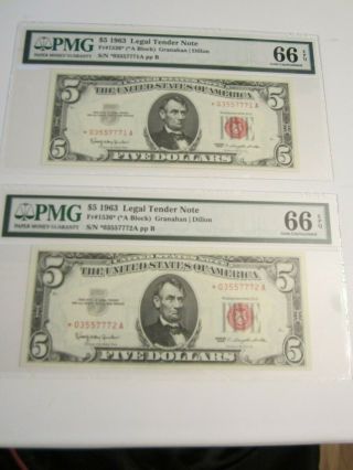 1963 Us $5 Dollar Red Seal Star Notes Fr 1536 Pmg Gem 66 Epq 2 Consecutive