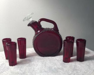 Vtg Paden City Glades Ruby Red Glass Canteen Pitcher Decanter W/ 6 Mini Glasses