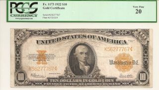 1922 $10 Gold Certificate Fr.  1173 Pcgs Vf20,  Great Color