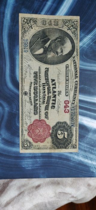 Series Of 1882 $5 National Currency Atlantic Nb Of Boston Mass