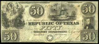 $50 The Republic Of Texas 1839 W/ Nude,  Sailboat & Stephen Austin Look
