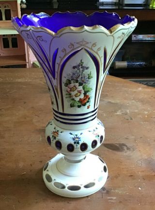 Vintage Bohemian White Cut To Cobalt Blue,  Enameled Flowers & Gold Gilt 9” Vase