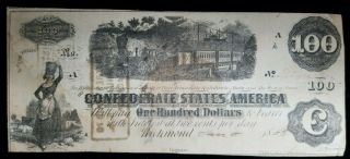 1862 $100 C.  S.  A.  Confederate States Of America Note T - 40