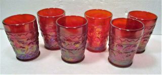 Set Of 6 Red Carnival Fenton Glass Apple Pattern Tumblers,