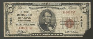 1929 $5 The First National Bank Of Reading,  Ma National Currency Charter 4488