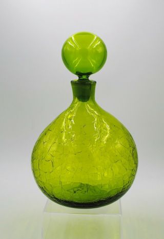 Vintage Blenko Hand Blown Crackle Glass Mcm Decanter - 636l - Olive Green
