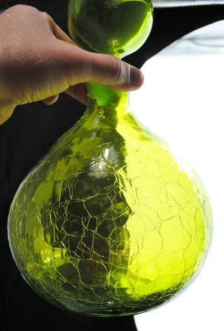 Vintage Blenko Hand Blown Crackle Glass MCM Decanter - 636L - Olive Green 3