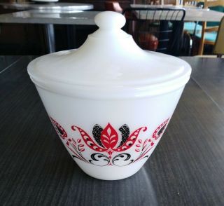 Vintage Fireking White Grease Bowl Jar With Lid Red & Black Pattern