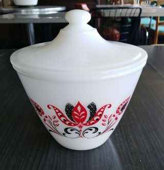 Vintage FireKing White Grease Bowl Jar With Lid Red & Black Pattern 2