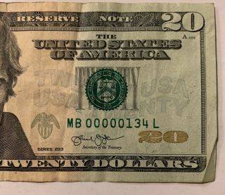 Very Low Serial Number $20 Bill Mb 00000134 L