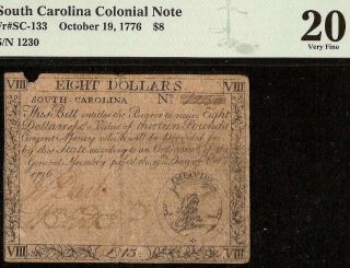 1776 $8 Bill South Carolina Colonial Currency Note Old Paper Money Sc - 133 Pmg 20