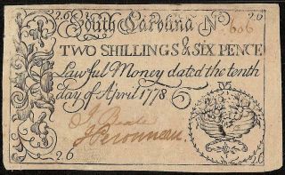 APRIL 10,  1778 SOUTH CAROLINA COLONIAL CURRENCY NOTE PAPER MONEY SC - 145 PMG 50 2