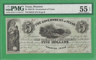 1838 - 39 The Government Of Texas,  Houston Tx $5 No.  23 Pmg 55 Epq