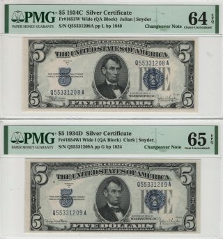 1934 C D $5 Silver Certificate Pmg 65/64 Epq Change Over Pair Wide/wide I