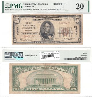 1929 $5 First National Bank Of Commerce,  Oklahoma,  Charter 10689 Pmg Vf - 20