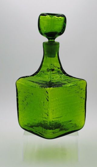 Vintage Blenko Hand Blown Crackle Glass Mcm Decanter - 6224l - Olive Green