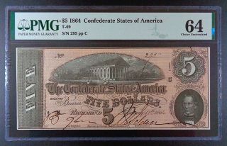 S/n 295 1864 Confederate States Of America $5 Banknote,  T - 69,  Pmg Choice Unc - 64.