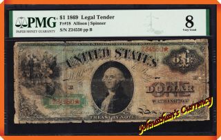 Jc&c - Fr.  18 1869 $1 Legal Tender " Rainbow Note " - Very Good 8 By Pmg