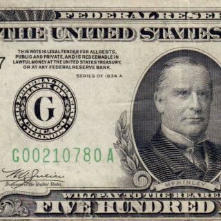 1 Day 1934a $500 Five Hundred Dollar Bill Fr.  2202 G00210780a