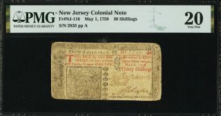 Jersey Colonial Note Fr Nj - 116 May 1,  1758 30s Pmg 20 Scarce