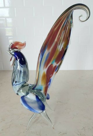 Vintage Murano Art Glass Rooster Statue Figurine Hand Blown 12 " Blue Red