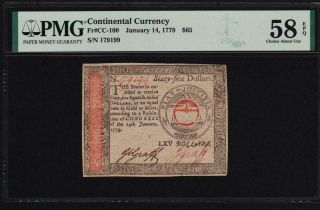 Cc - 100 " Jacob Graff " Pmg Au58 Epq $65 Jan.  14,  1779 Continental Currency Note
