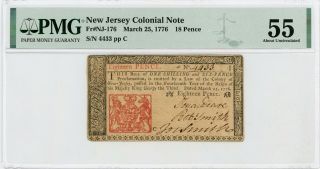 (nj - 176) March 25,  1776 18 Pence Jersey Colonial Currency Note - Pmg Au 55