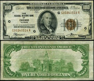 Fr.  1890 G $100 1929 Federal Reserve Bank Note Chicago G - A Block Vf,