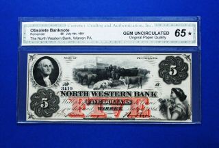 1861 $5 The North Western Bank Warren Pennsylvania Obsolete Banknote Unc Beauty