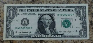 2013 Fancy Serial Number Solid Million D 40000000 F $1 Federal Reserve Note