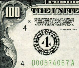 Hgr Sunday 1928 $100 Frn ( (numerical 4))  Appears Ch - Gem Uncirculated