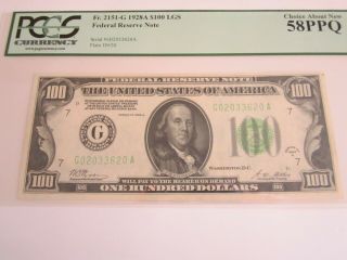 1928a Chicago $100 Frn Note Fr2151 - G " Light Green Seal " Pcgs Choice Au58 Ppq