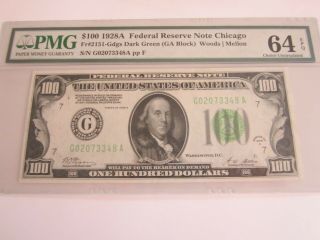 1928a Chicago $100 Frn Note Fr 2151 - G " Dark Green Seal " Pmg Choice Unc Ms64 Epq