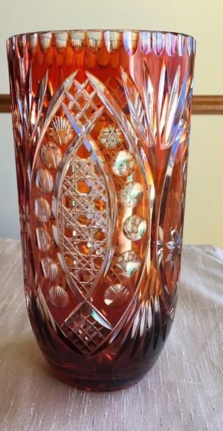 Brick Red Color Cut To Clear.  Bohemian / Czech Large Crystal Vase 8.  5 “ Tall.