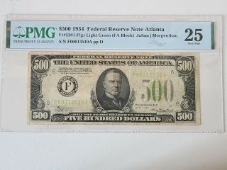 1934 $500 Federal Reserve Note - Atlanta Fr 2201 - Graded Pmg 25 Very Fine