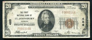 1929 $20 The First Nb Of St.  Johnsbury,  Vt National Currency Ch.  489