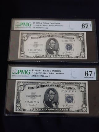 Scarce Consecutive Pair Fr.  1656 1953 A $5 Silver Certificate,  Pmg 67 Epq 6