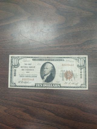 1929 First National Bank Of Bethesda Ohio $10.  00 National Currency Note