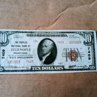 1929 The Peoples National Bank Of Zelienople Pennsylvania Type2 $10