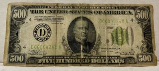 1934 Cleveland Ohio $500 Dollar Bill Federal Reserve Note D00004348a Lgs