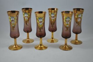 6 Vtg Bohemian Murano Hand Painted Gold Gilt Enamel Flower Cordial Glasses 5.  5 " H